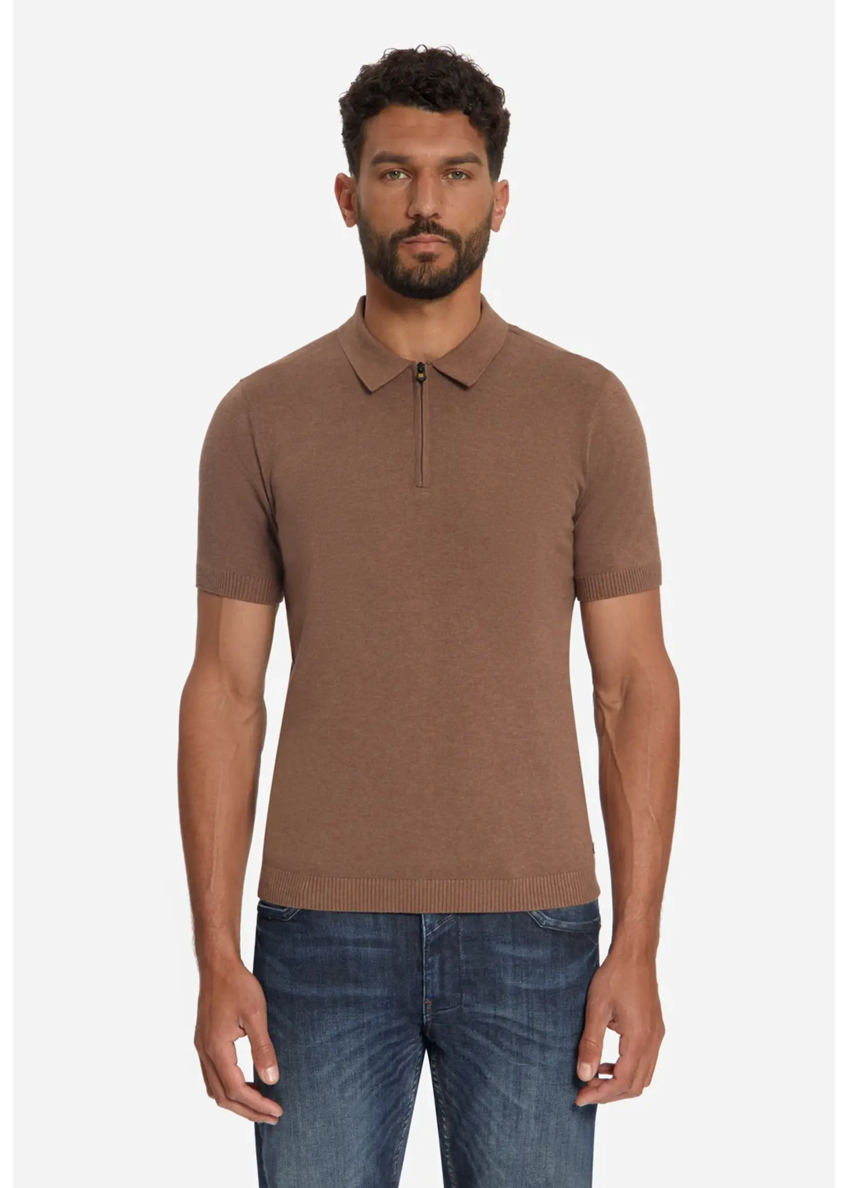 NO EXCESS  Fijngebreide Zip Polo | Light Brown
