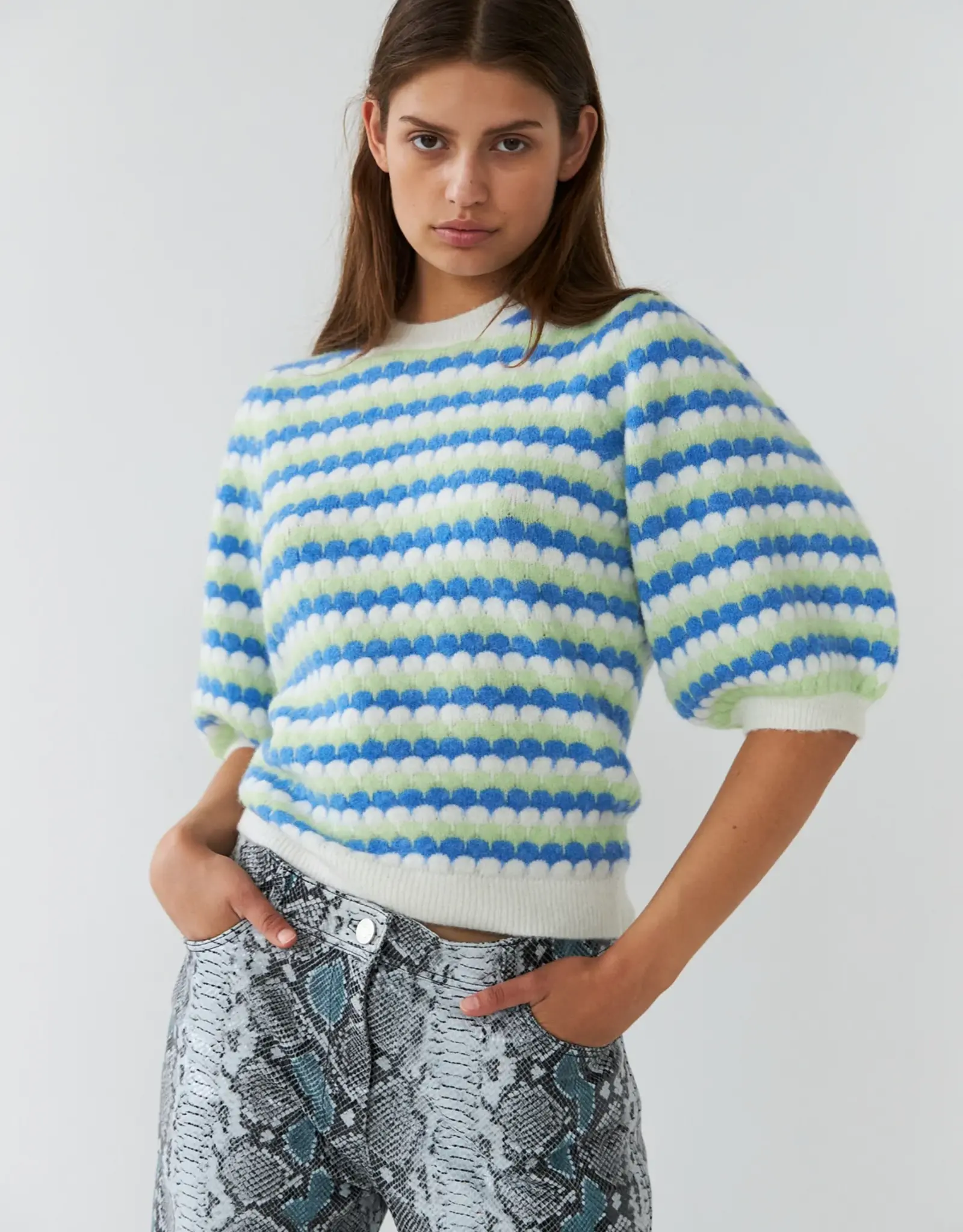 STELLA NOVA KNITTED WAVE STRIPE SHORT SLEEVE - BLUE/GREEN