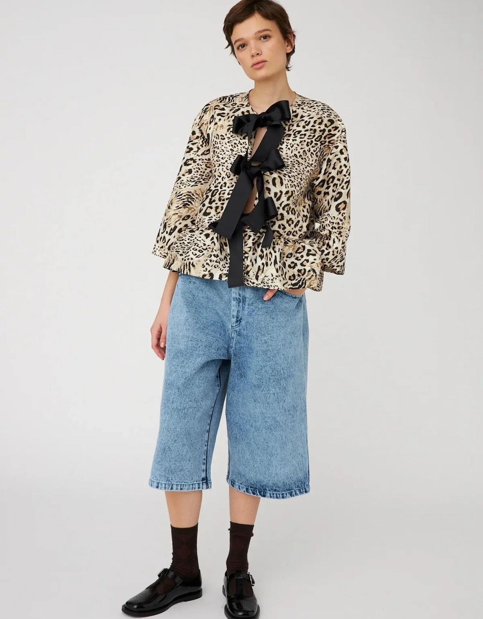 STELLA NOVA CRISPY PEPLUM BOW BLOUSE - LEOPARD