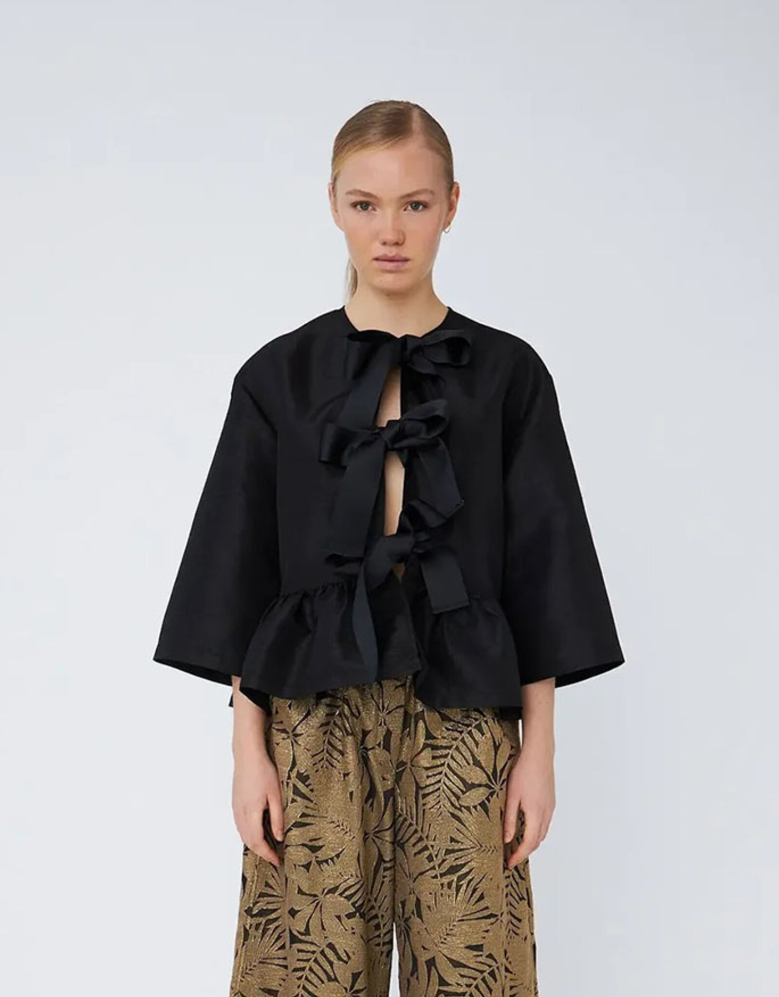 STELLA NOVA CRISPY PEPLUM BOW BLOUSE - BLACK