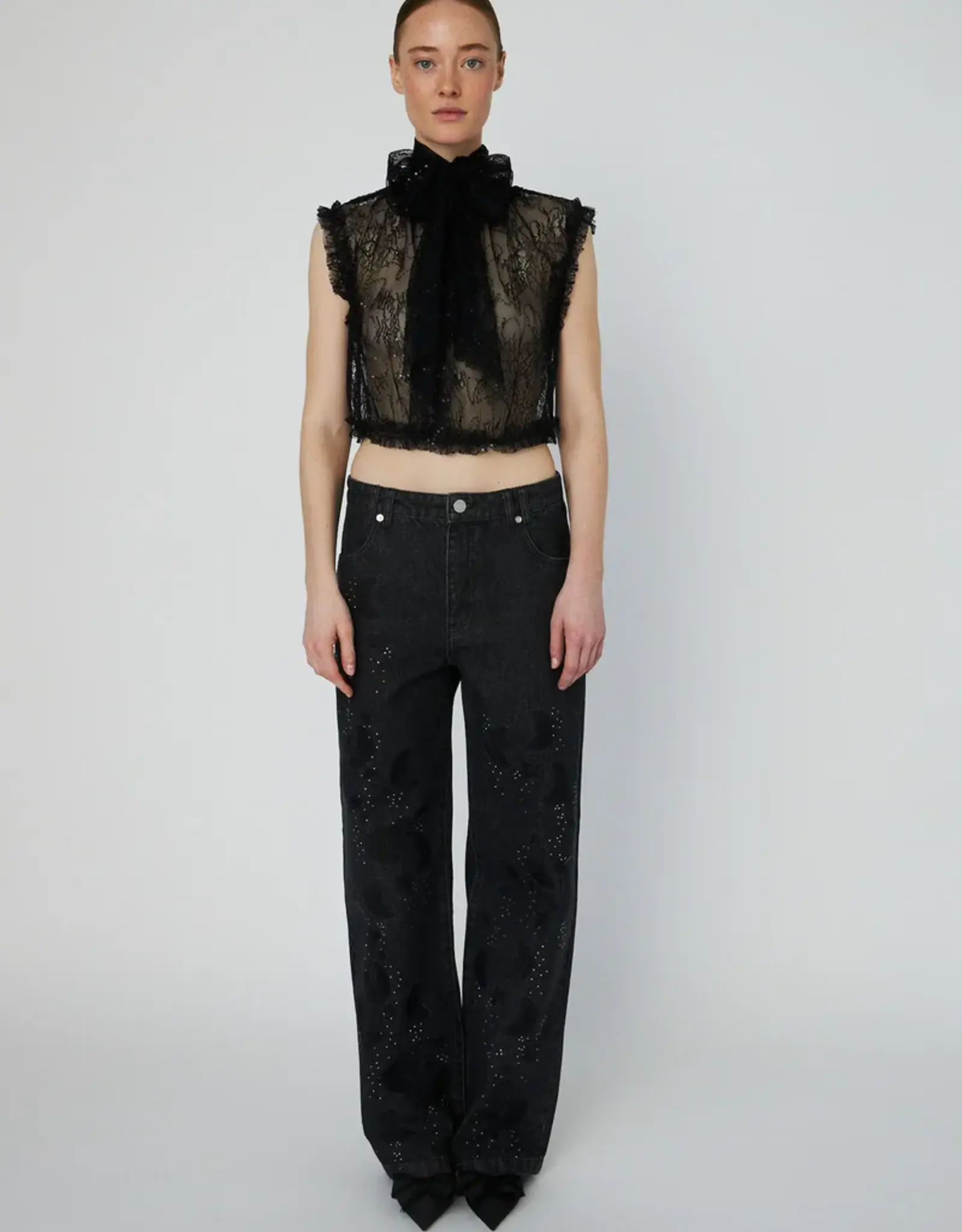 STELLA NOVA SHEER CROPPED LACE TOP - BLACK
