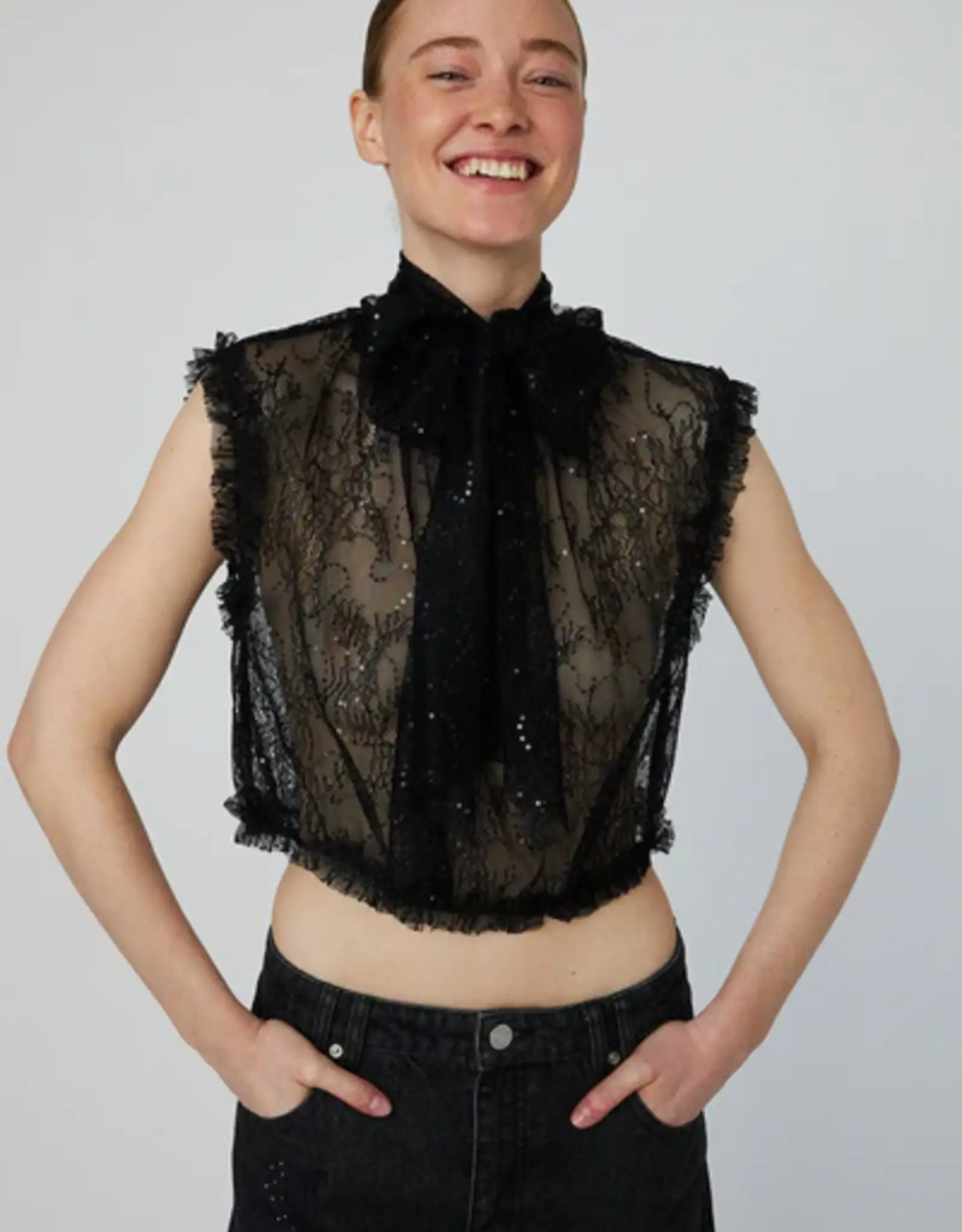 STELLA NOVA SHEER CROPPED LACE TOP - BLACK