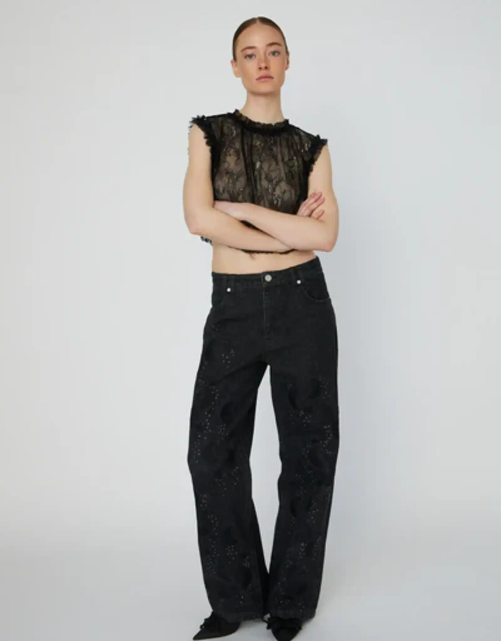 STELLA NOVA SHEER CROPPED LACE TOP - BLACK