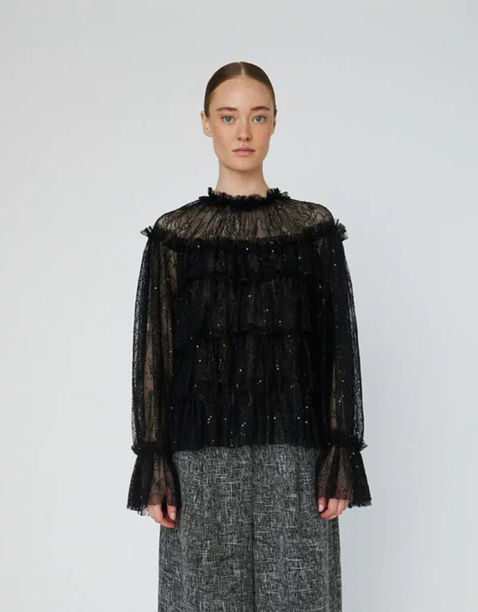 STELLA NOVA SHEER FRILL LACE BLOUSE - BLACK