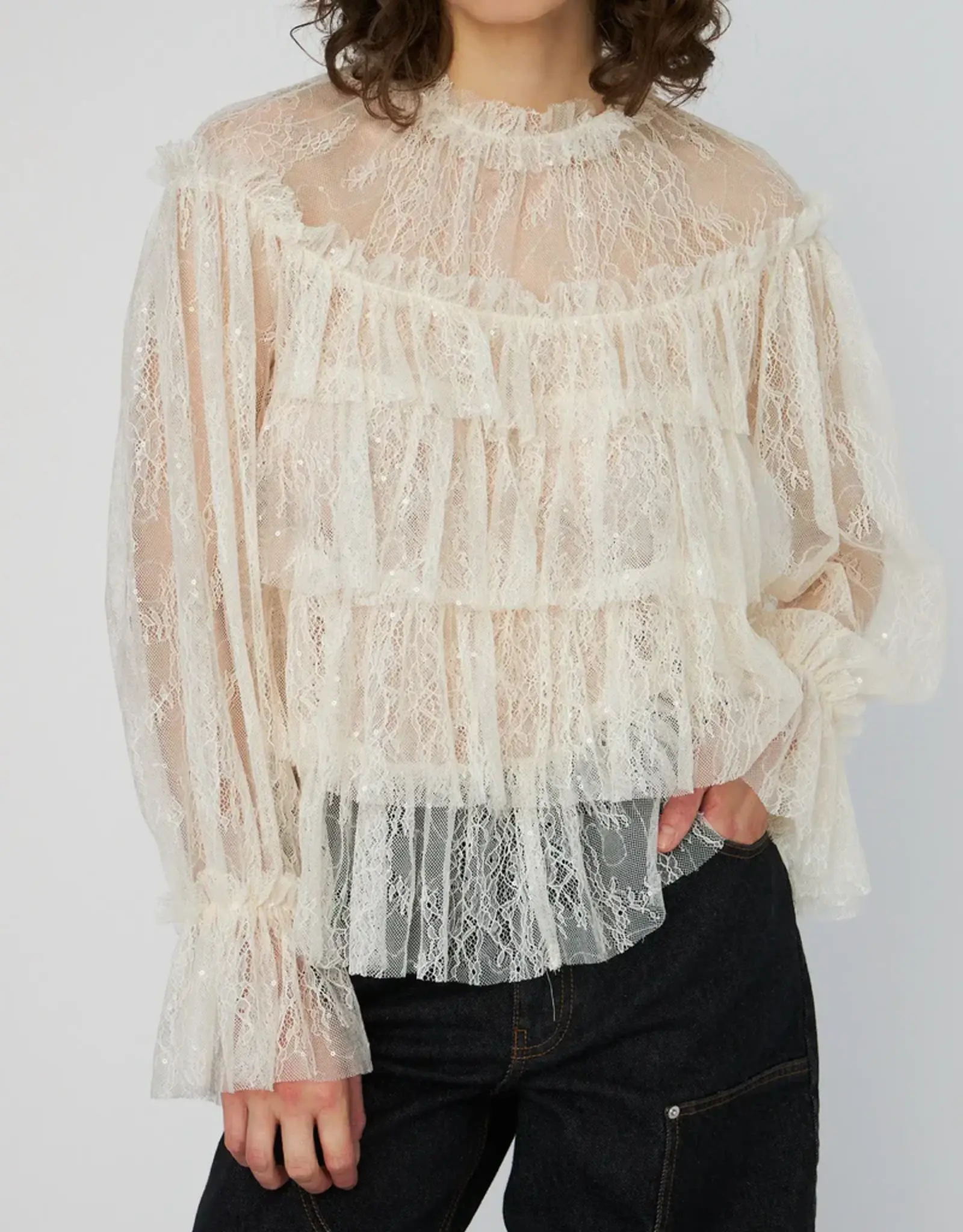 STELLA NOVA SHEER FRILL LACE BLOUSE - CREME