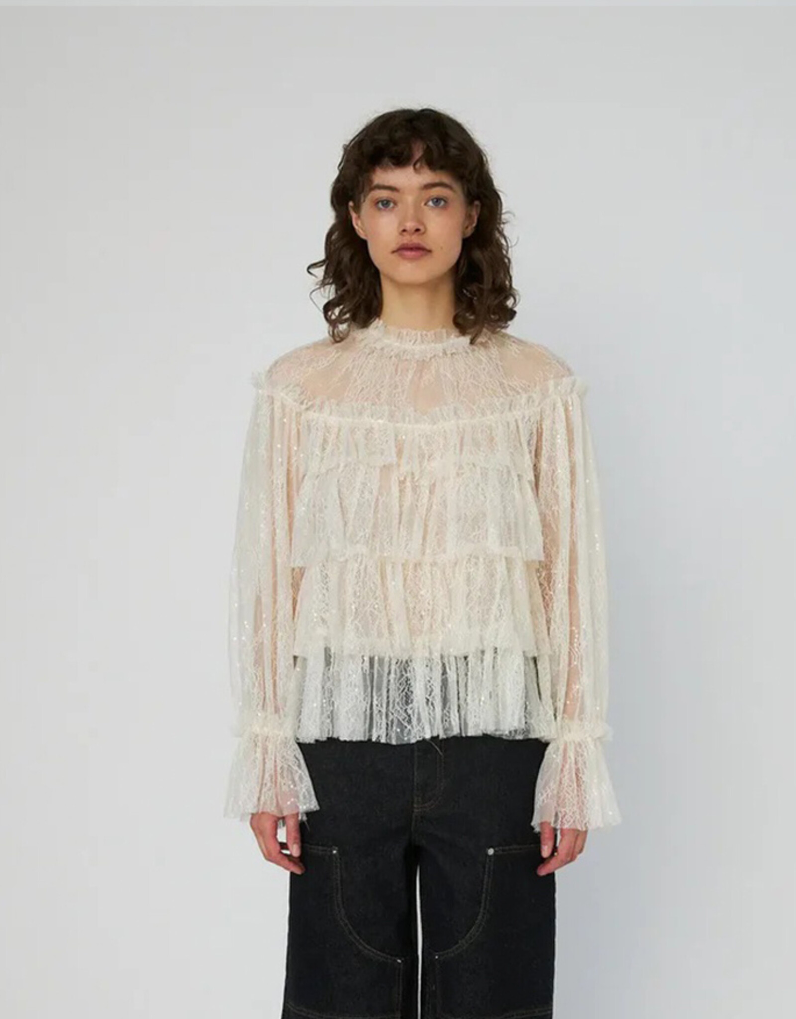 STELLA NOVA SHEER FRILL LACE BLOUSE - CREME
