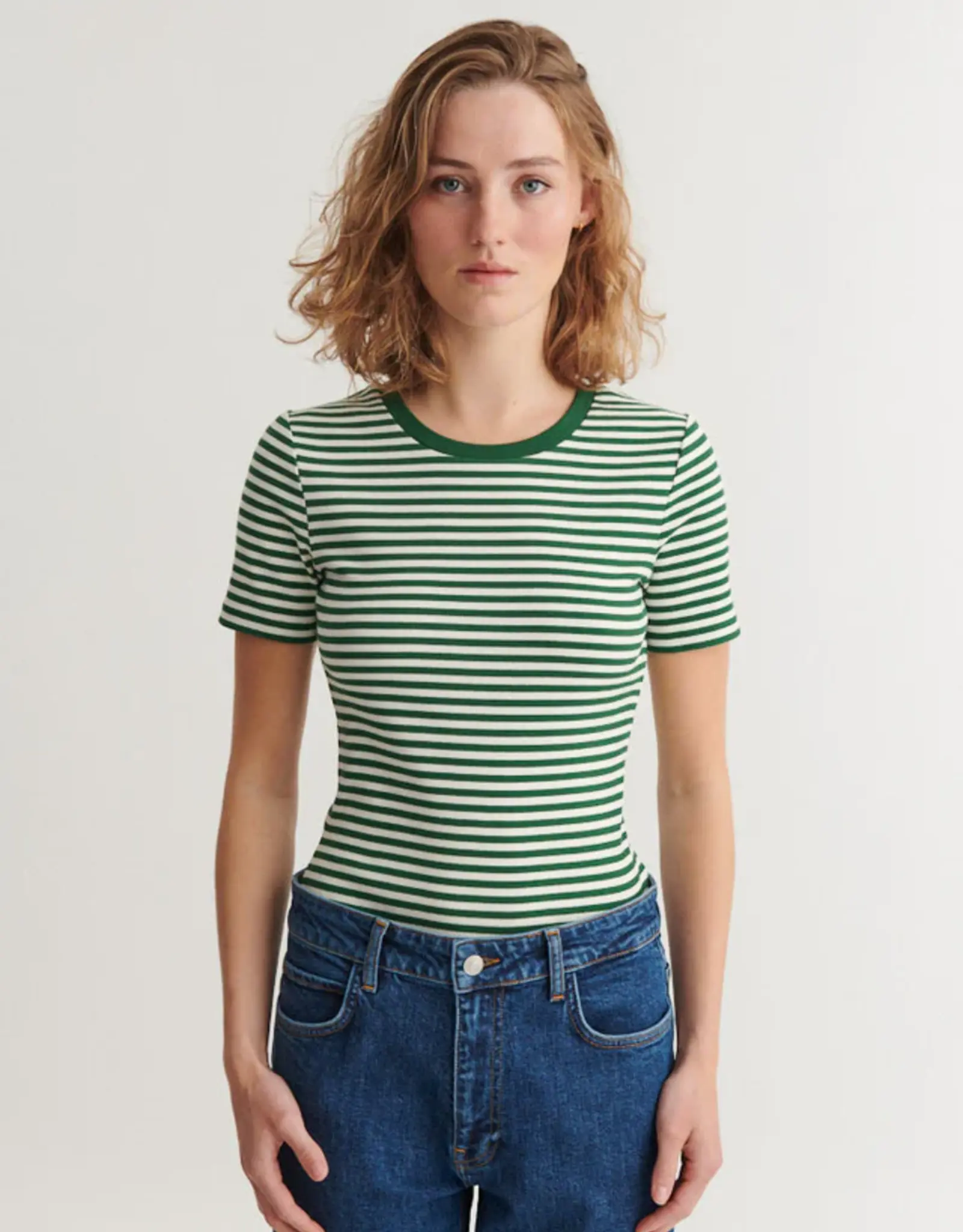 BASIC APPAREL LUDMILLA SS STRIPE GRANDDAD - GREEN/WHITE