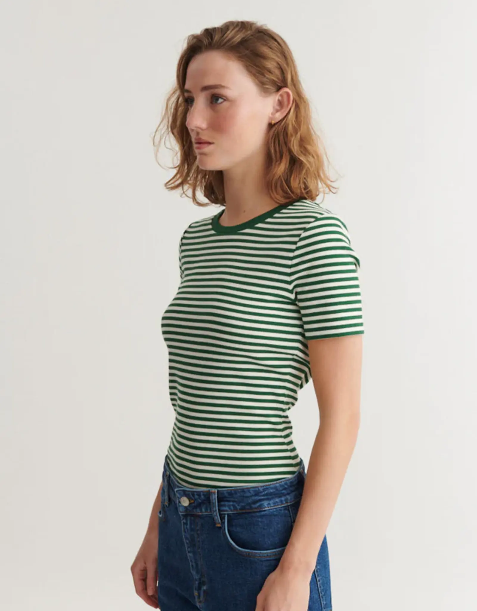 BASIC APPAREL LUDMILLA SS STRIPE GRANDDAD - GREEN/WHITE