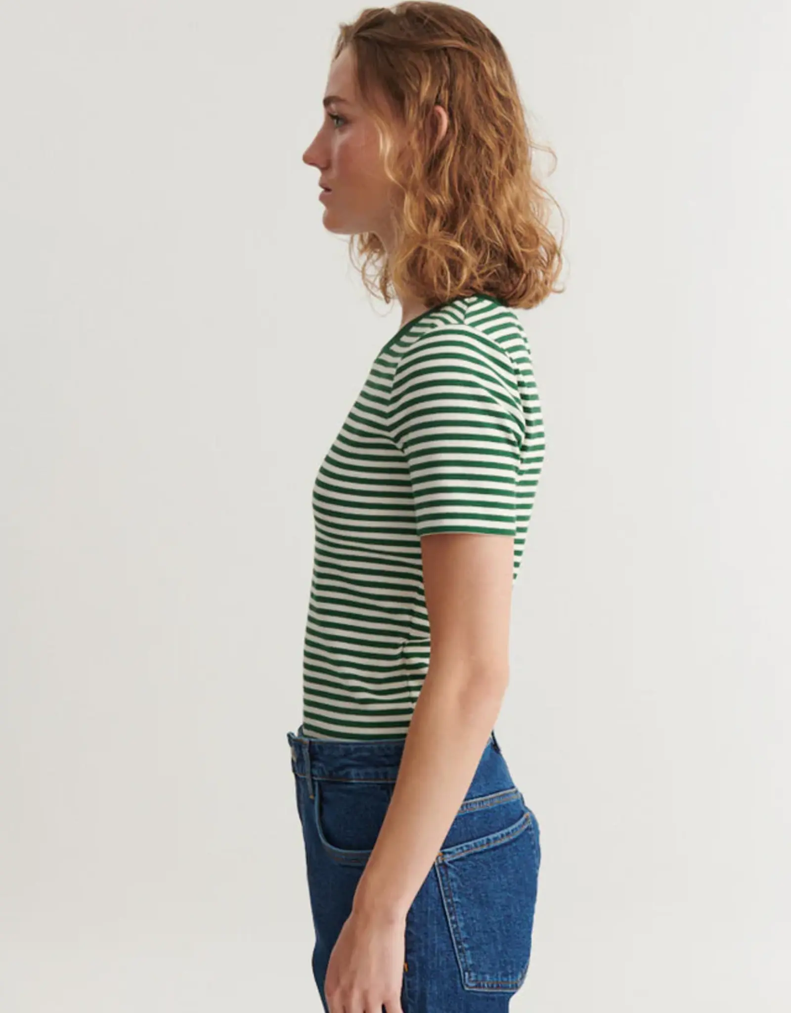 BASIC APPAREL LUDMILLA SS STRIPE GRANDDAD - GREEN/WHITE
