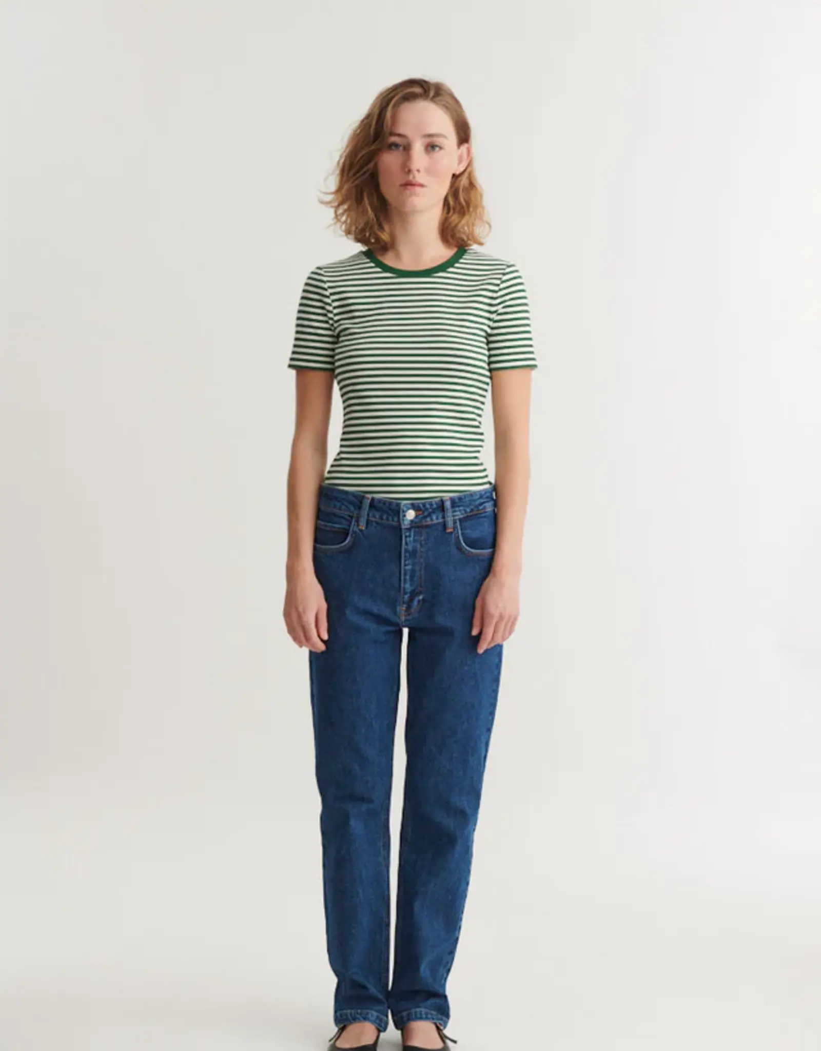 BASIC APPAREL LUDMILLA SS STRIPE GRANDDAD - GREEN/WHITE