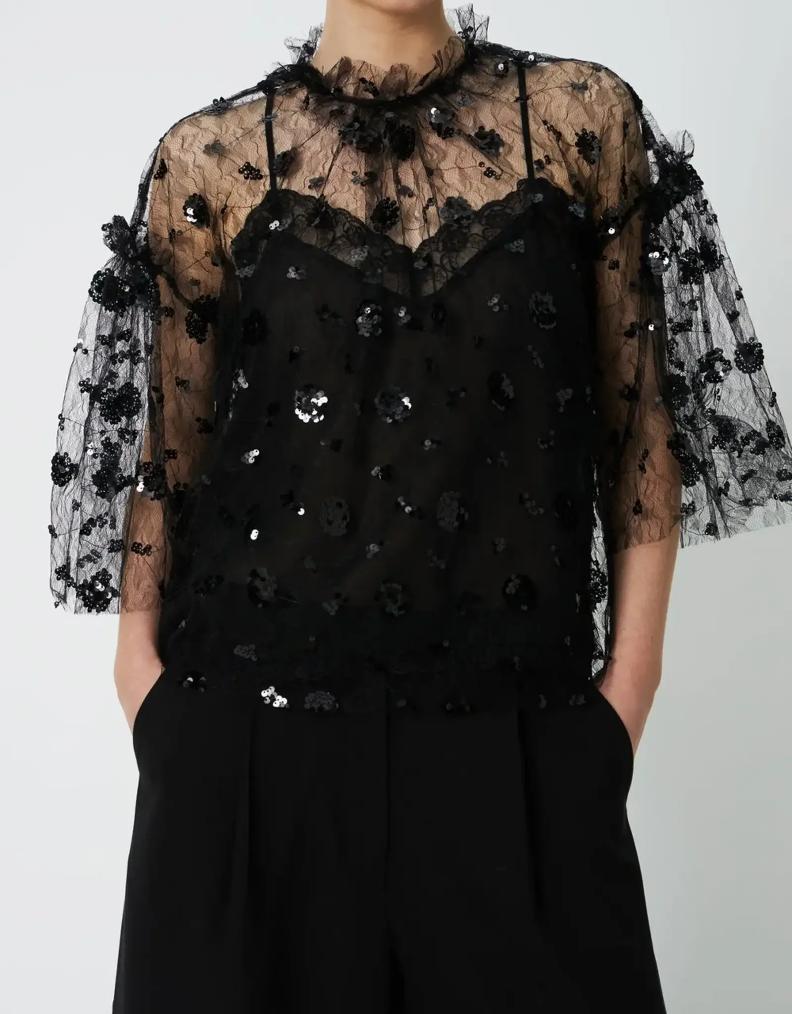 STELLA NOVA SEQUINS MESH BLOUSE - BLACK