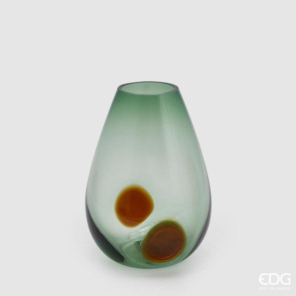 Enzo De Gaspari Vase en verre vert avec taches brunes (H25cm / ø18cm)