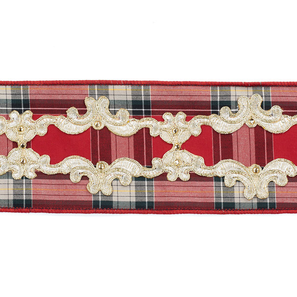 Lace Trimmed Tartan Ribbon Red/Gold 10cm (Price per Meter)