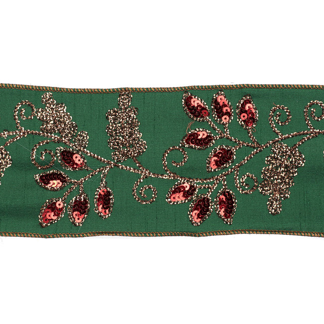 Ruban Broderie Feuille Raisin Vert / Cuivre 10cm (Prix au mètre)