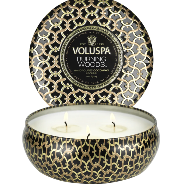 3 Wick Tin Candle Burning Woods