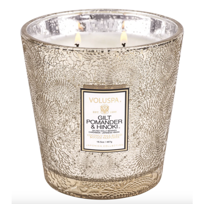 2 Wick Hearth Candle Gilt Pomander & Hinoki