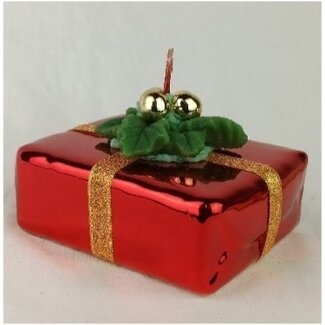 Daniel Ost Candles 12Cubo mm.h. 110x90x40 Red Metallic w/ holly and gold ribbon and gold dots