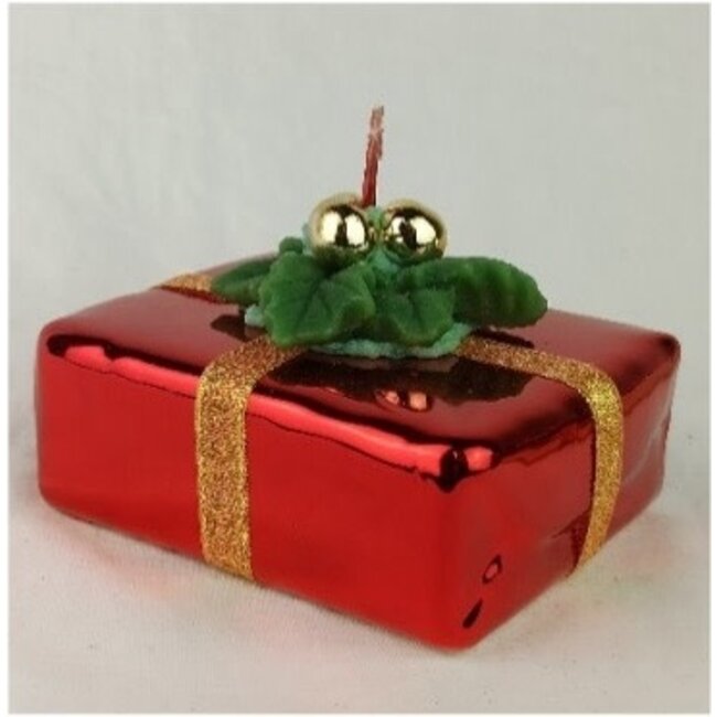Daniel Ost Candles 12Cubo mm.h. 110x90x40 Red Metallic w/ holly and gold ribbon and gold dots