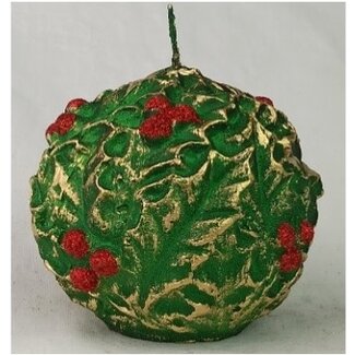 Daniel Ost Candles 1Green velvet with gold & red holly, ball h. 90mm