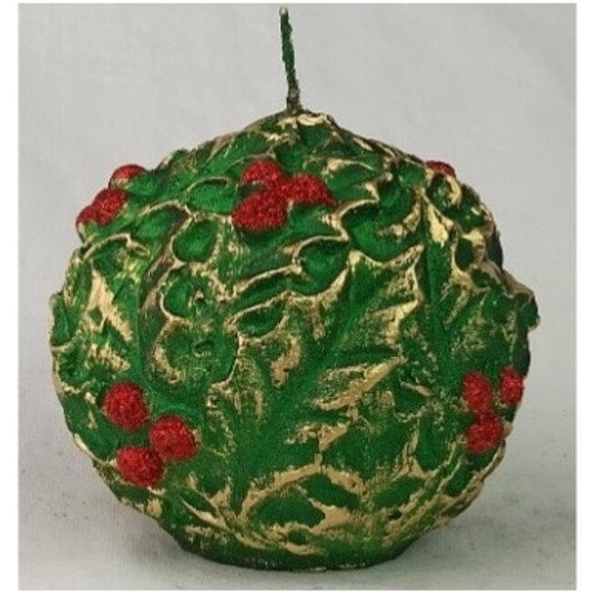 Daniel Ost Candles 1Green velvet with gold & red holly, ball h. 90mm
