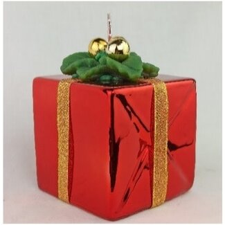 Daniel Ost Candles 13Cubo mm.h. 90x90 Red Metallic w/ holly and gold ribbon and gold dots