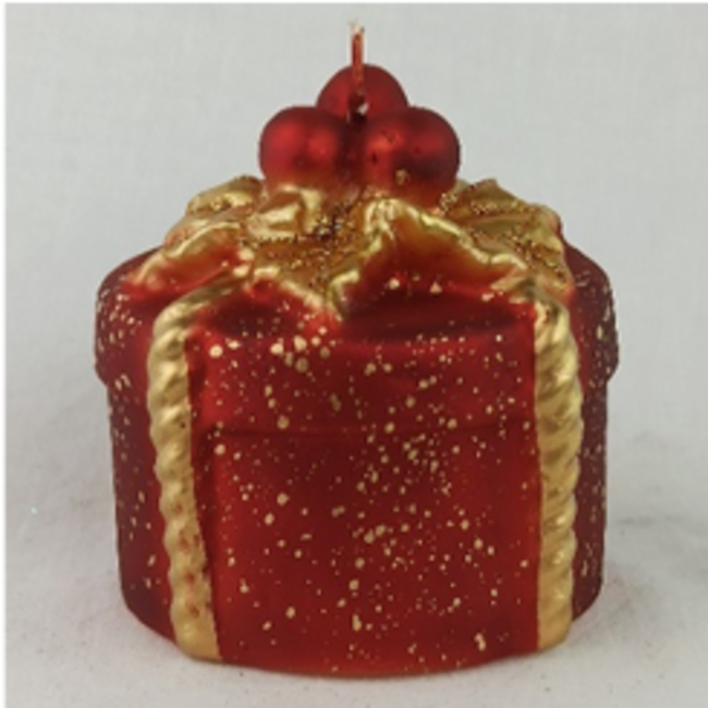 Daniel Ost Candles Cylinder h.90x80 mm Red velvet w/ goold decorations and red Holly Gift