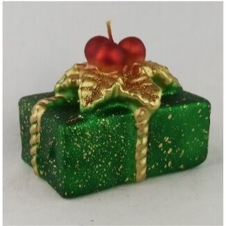 Daniel Ost Candles 17Cubo h.70x100x80 mm Xmas green velvet w/ gold decorations and red Holly Gift