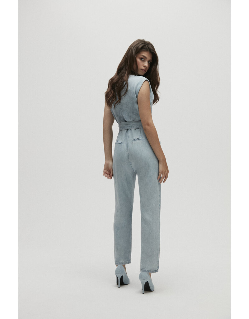 Homage - High Collar Tailored Jumpsuit, Light Blue Wash