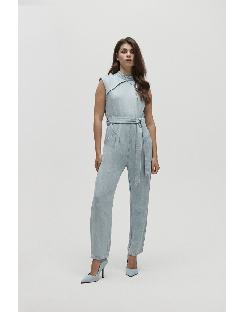 Homage - High Collar Tailored Jumpsuit, Light Blue Wash
