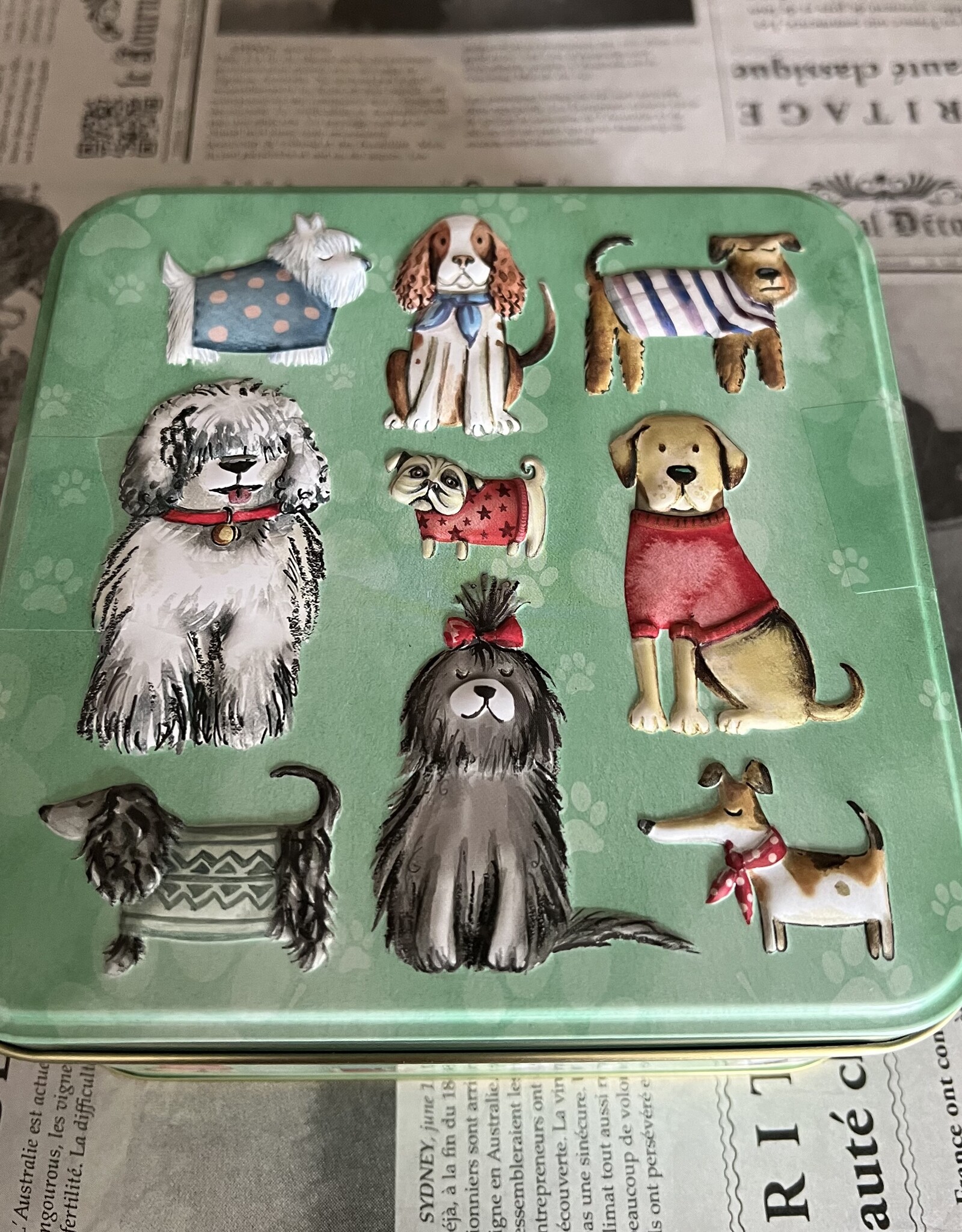 Hondenblik in relief, dogs in jumpers, gevuld met koekjes