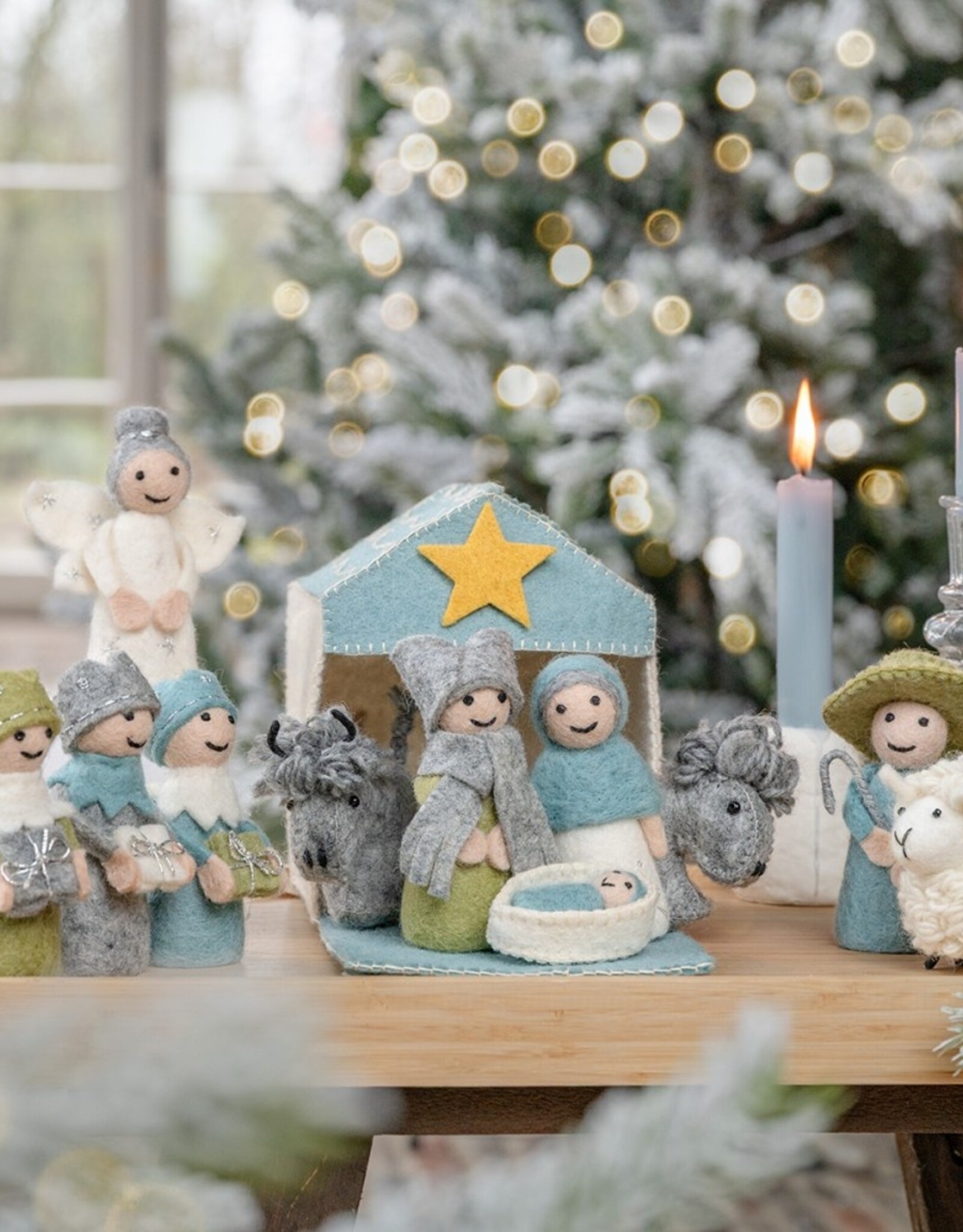 Sjaal met Verhaal Kerststal - Ijsblauw Wit