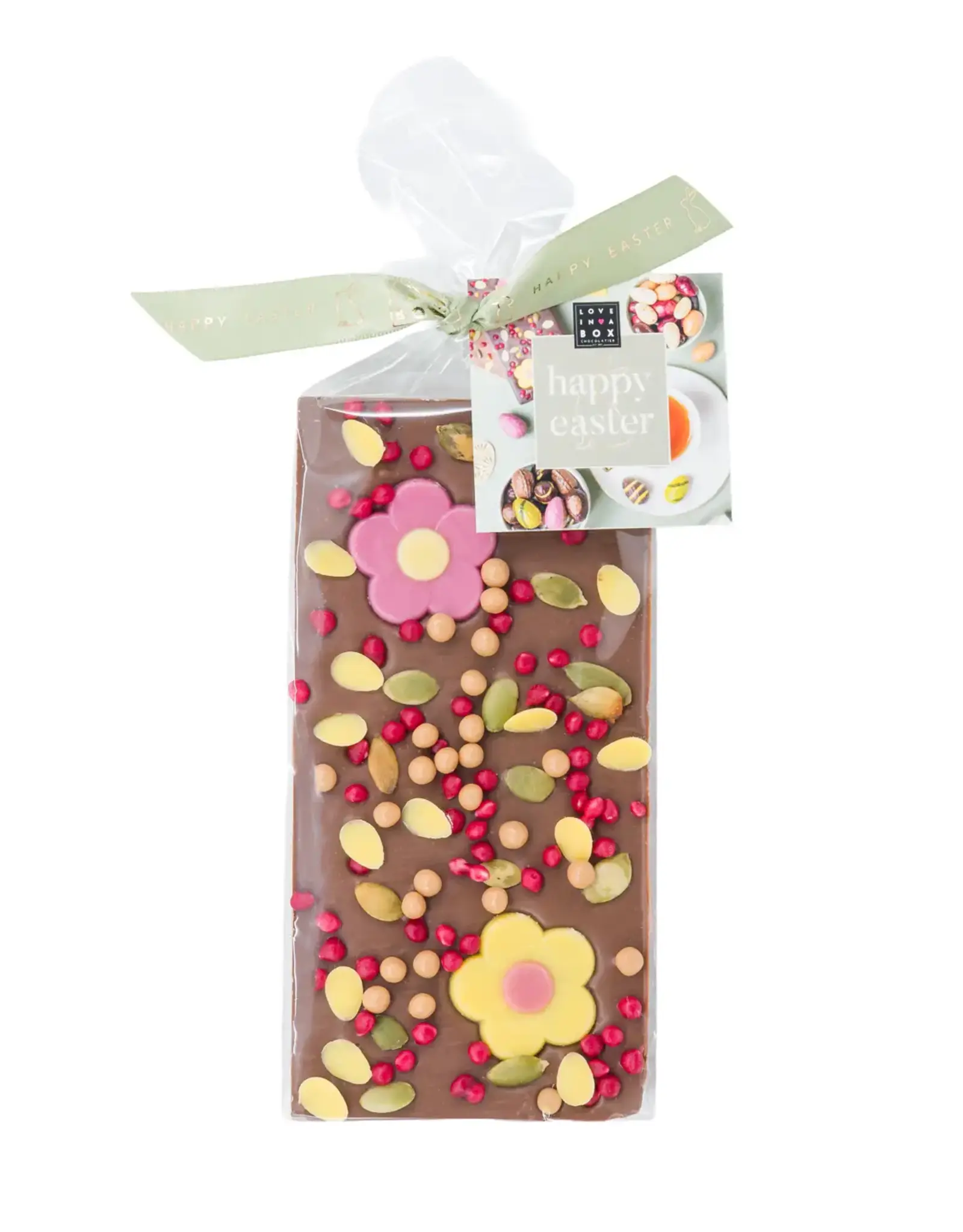 Chocolade met bloemetjes en caramelparels