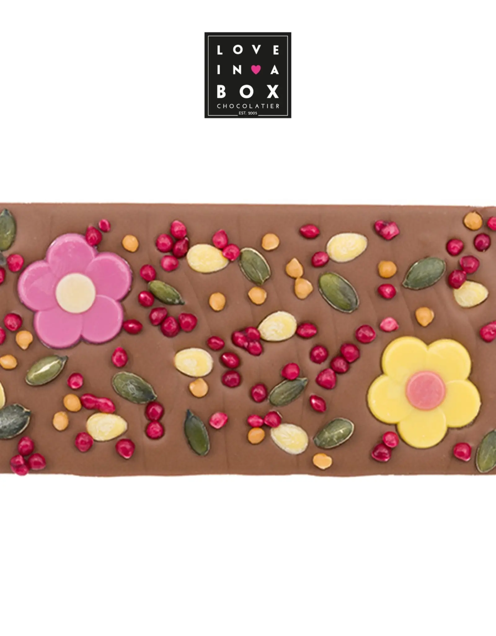 Chocolade met bloemetjes en caramelparels