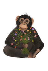 Getekenddoorzusje Chimpansee + bloemen Kaart A6