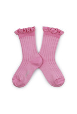 Collégien Victorine - Glitter Ribbed Crew Socks with Lace Trim - Rose Bonbon