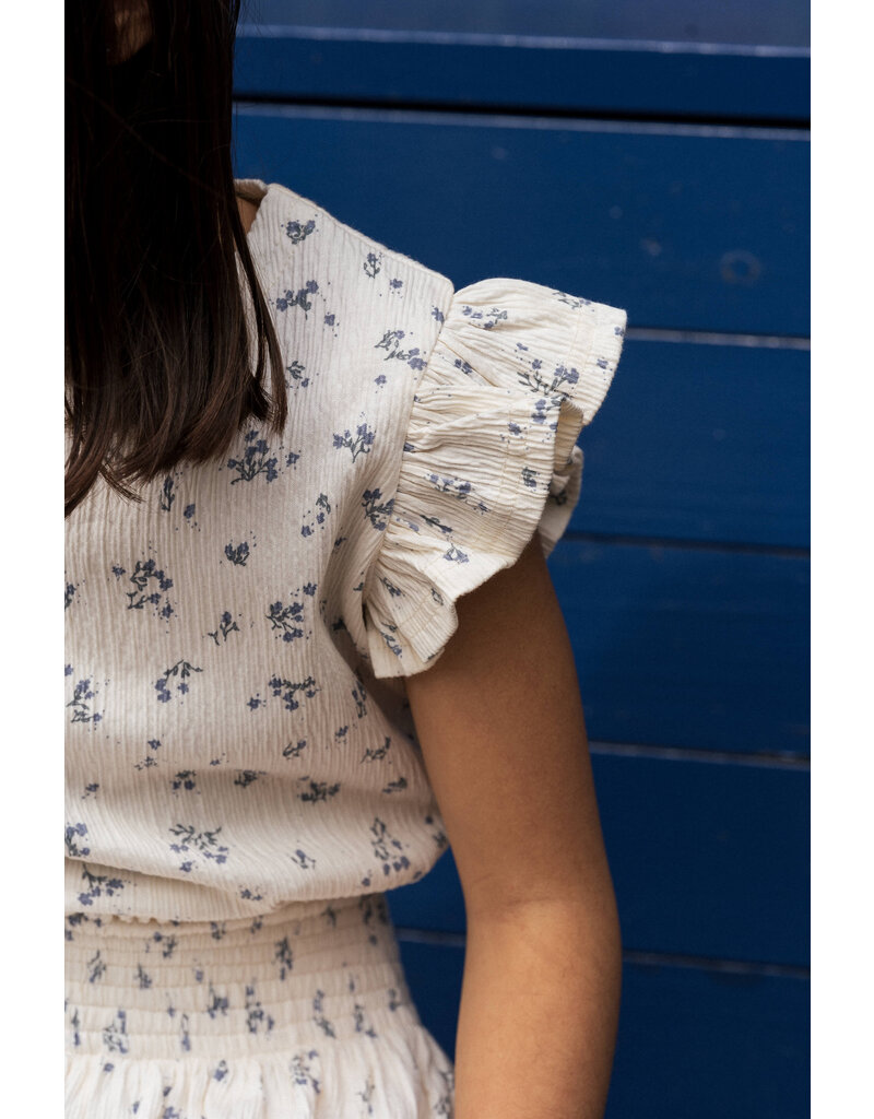 House of Jamie Ruffled Tee Stone Blue Floral