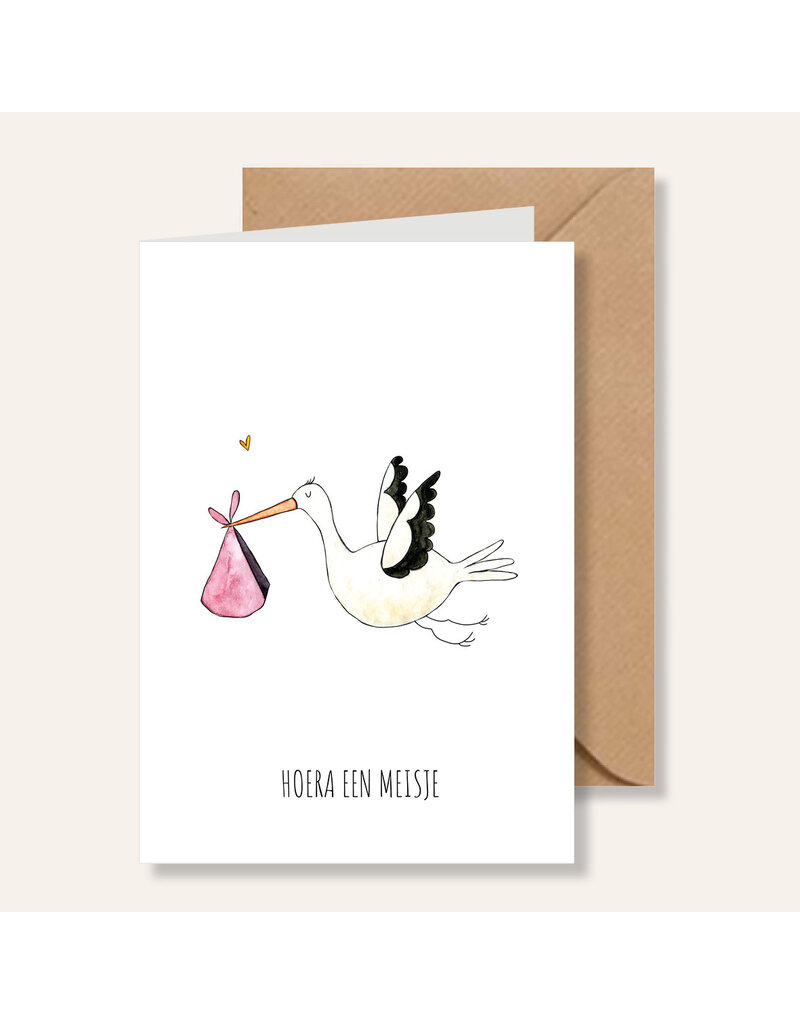 Juulz Illustrations & Design Gevouwen Kaart - Hoera een meisje Ooievaar