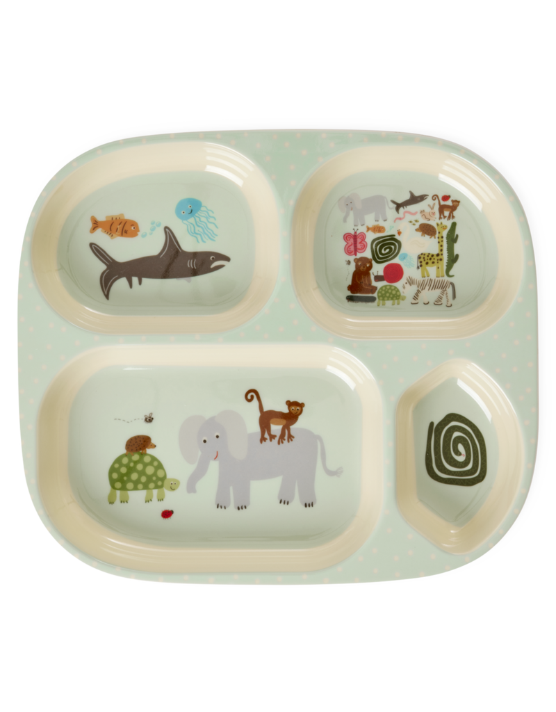 Rice Kinderbord met 4 Compartimenten - Mint - Wildlife Print