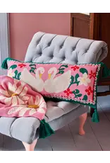 Rice Rectangular Knitted Cushion with Swans and Tassels - Pink
