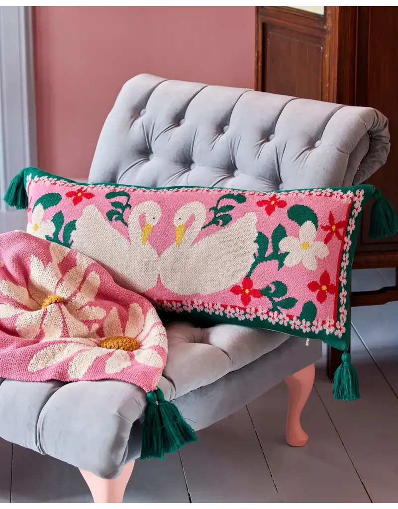 Rice Rectangular Knitted Cushion with Swans and Tassels - Pink