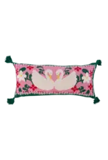 Rice Rectangular Knitted Cushion with Swans and Tassels - Pink