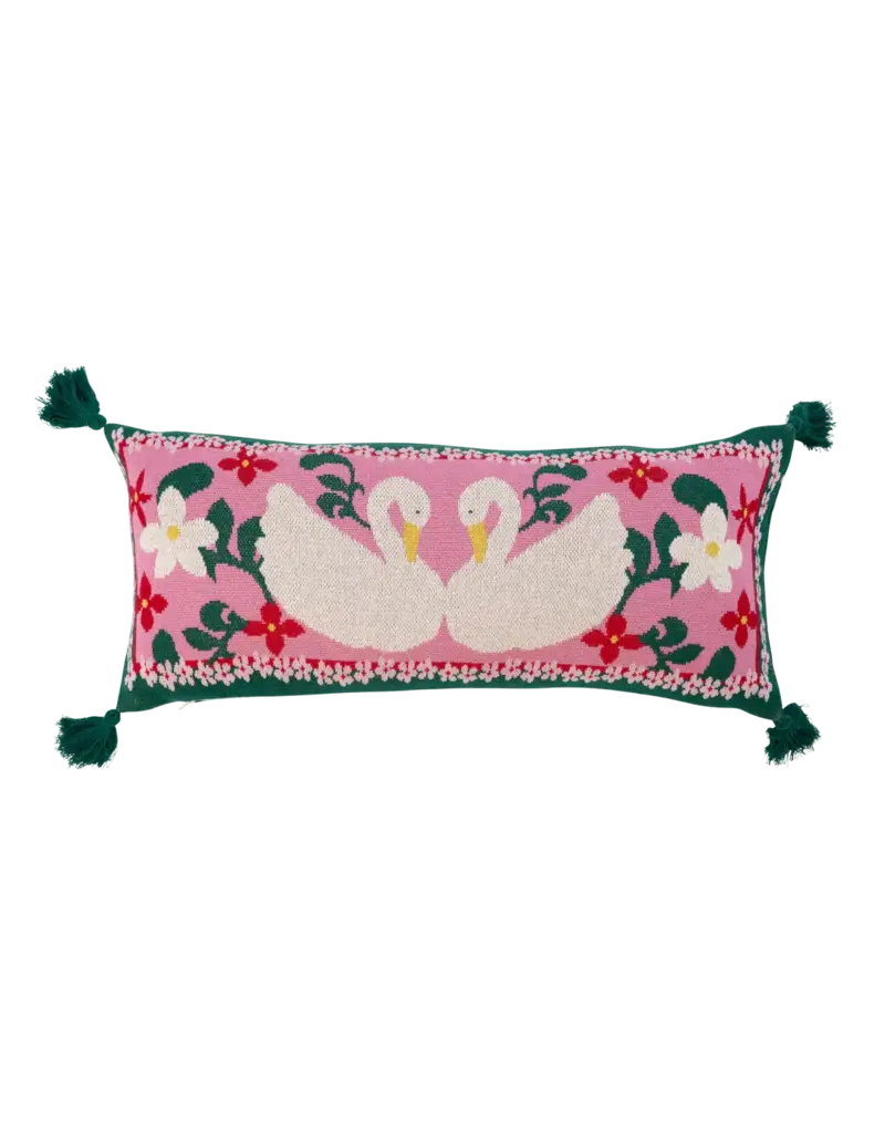 Rice Rectangular Knitted Cushion with Swans and Tassels - Pink