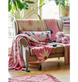 Rice Rectangular Knitted Cushion with Swans and Tassels - Pink