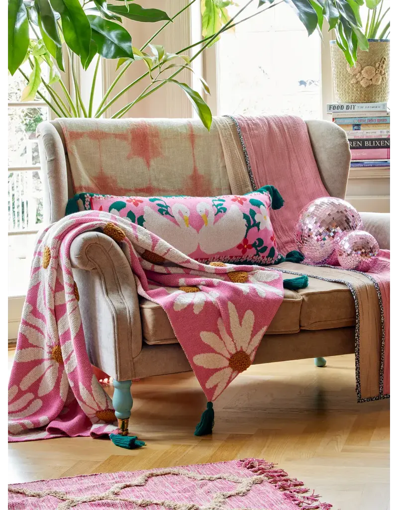 Rice Rectangular Knitted Cushion with Swans and Tassels - Pink