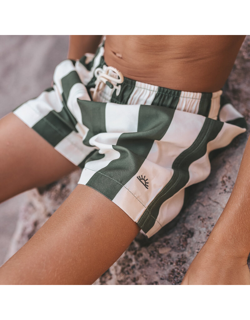 Salted Stories Wide Stripe Swim Shorts Bronze Green