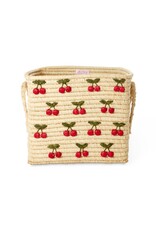 Rice Raffia Square Basket with Small Cherries All Over Embroidery - Raffia Handles