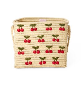 Rice Raffia Square Basket with Small Cherries All Over Embroidery - Raffia Handles