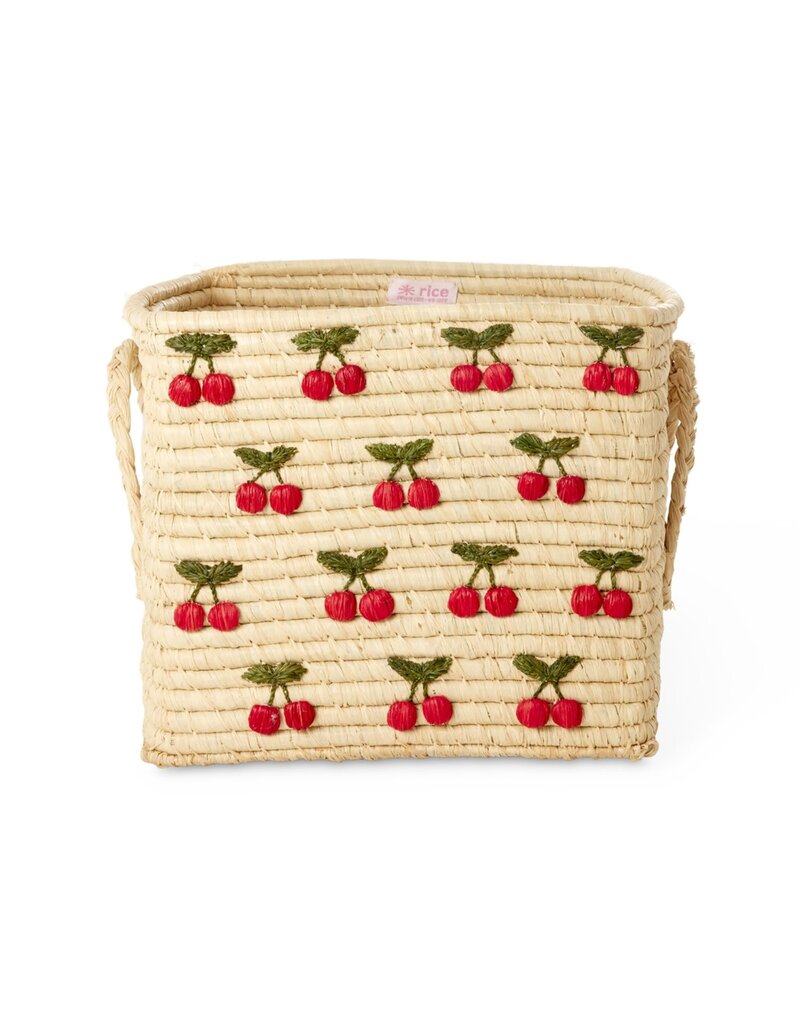 Rice Raffia Square Basket with Small Cherries All Over Embroidery - Raffia Handles