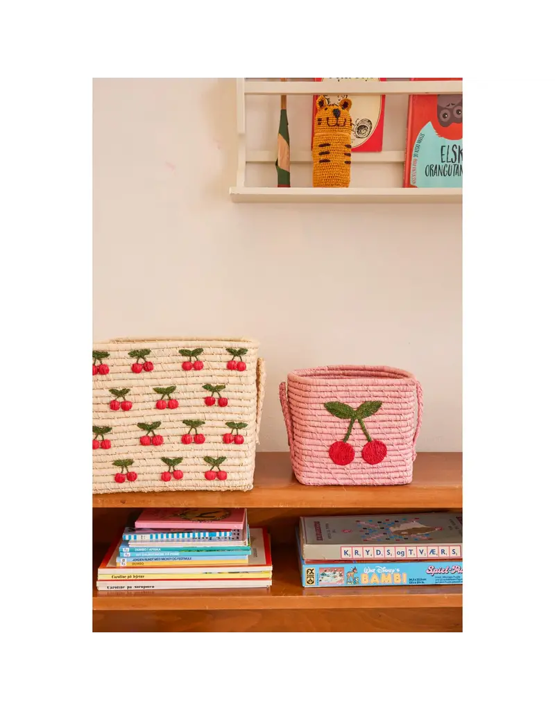 Rice Raffia Square Basket with Small Cherries All Over Embroidery - Raffia Handles