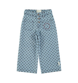 piupiuchick Flare Trousers Washed Blue Denim w. Black Hearts